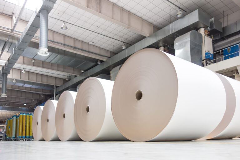 large industrial rolls of white paper lined up in a paper mill warehouse